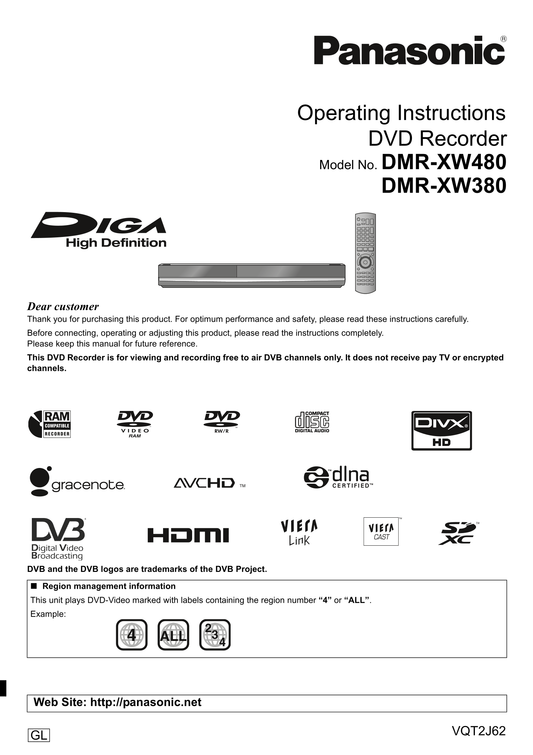 Panasonic DMR-XW380 & DMR-XW480 DVD Player/ Recorder Owner's/ User Manual (Pages: 112)