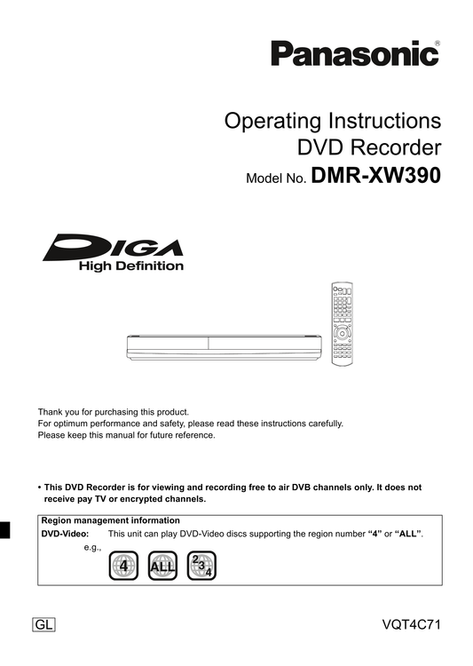 Panasonic DMR-XW390 DVD Player/ Recorder Owner's/ User Manual (Pages: 104)