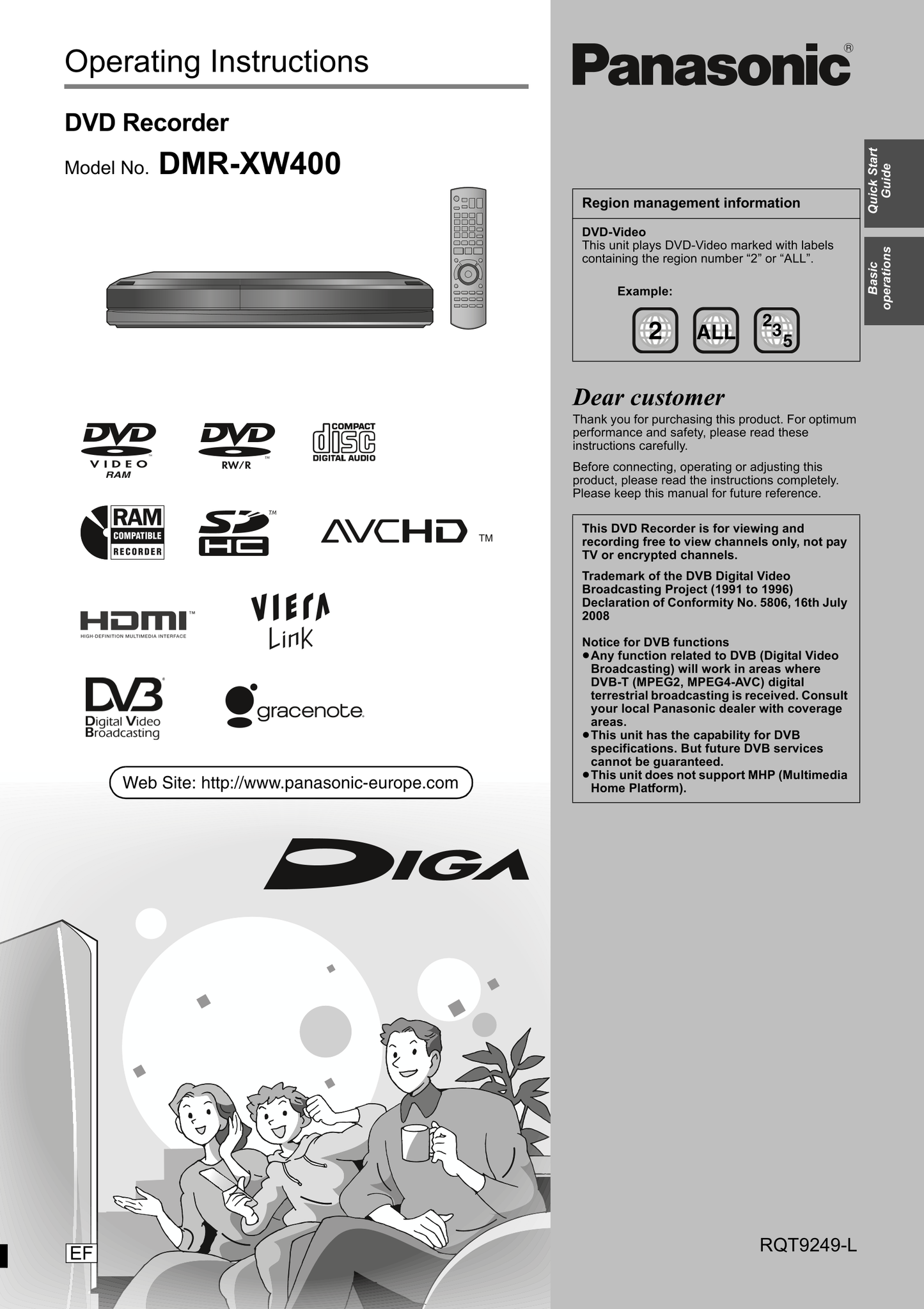 Panasonic DMR-XW400 DVD Player/ Recorder Owner's/ User Manual (Pages: 116)