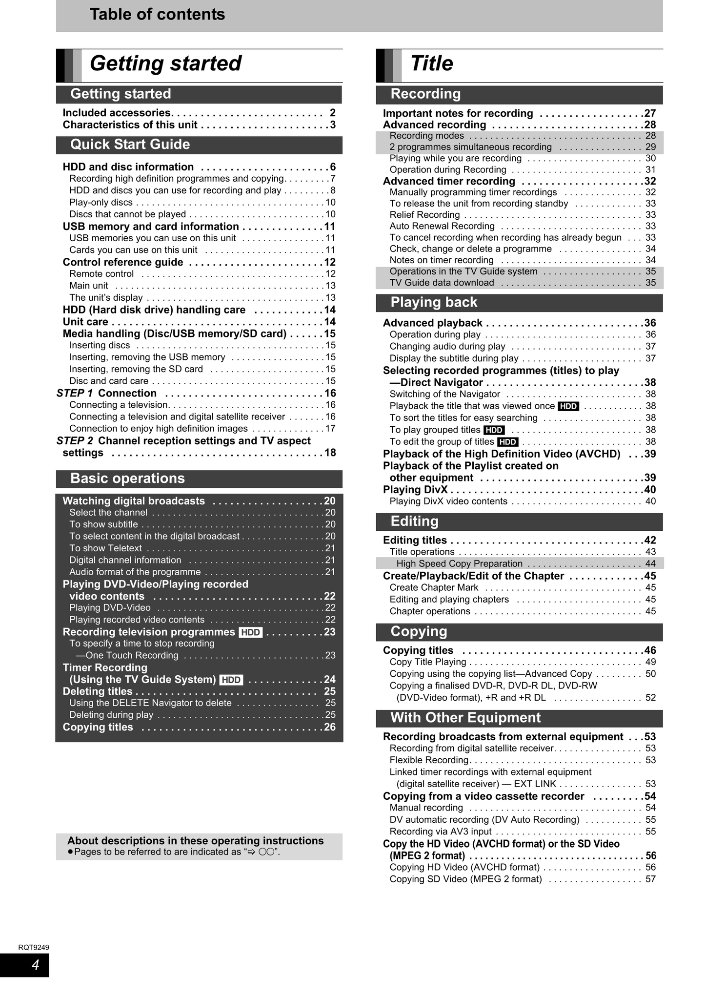 Panasonic DMR-XW400 DVD Player/ Recorder Owner's/ User Manual (Pages: 116)