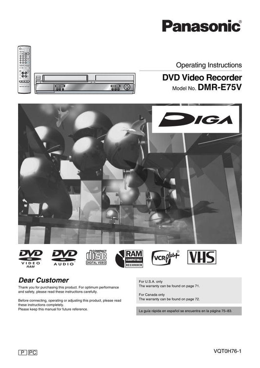 Panasonic DMRE75 DMRE75V DVD/VCR Combo Player Operating Manual