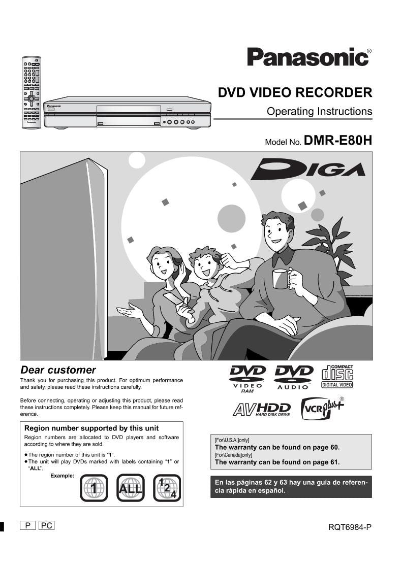 Panasonic DMRE80H DMRE80HP DVD Player Operating Manual