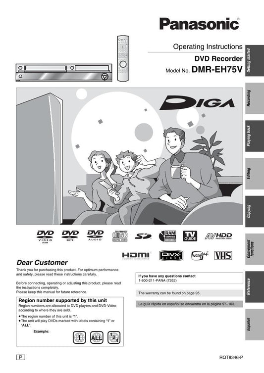 Panasonic DMREH75V DMREH75VS DVD/VCR Combo Player Operating Manual