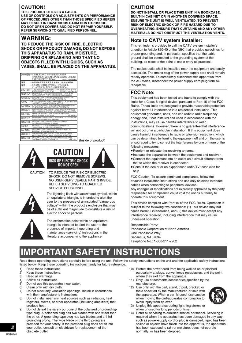 Panasonic DMREH75V DMREH75VS DVD/VCR Combo Player Operating Manual