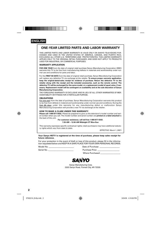 Sanyo DP19649 TV Operating Manual