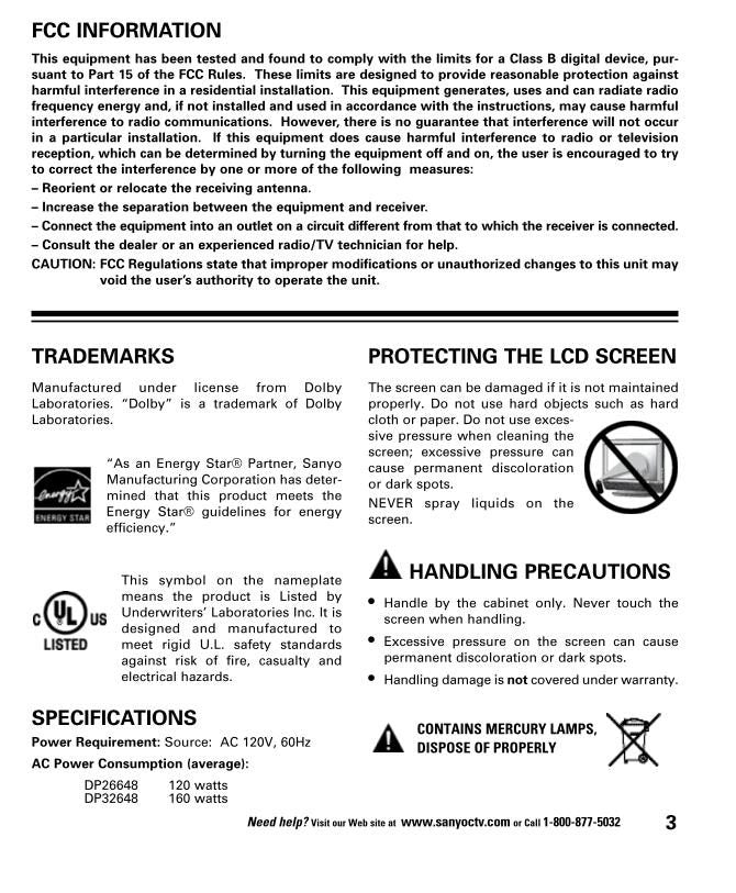 Sanyo DP26648 DP32648 TV Operating Manual