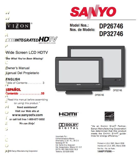 Sanyo DP26746 DP32746 TV Operating Manual