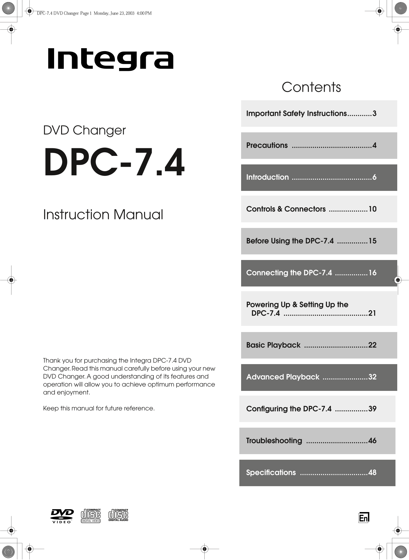 Integra DPC-7.4 DVD Changer Owner's/ User Manual (Pages: 48)