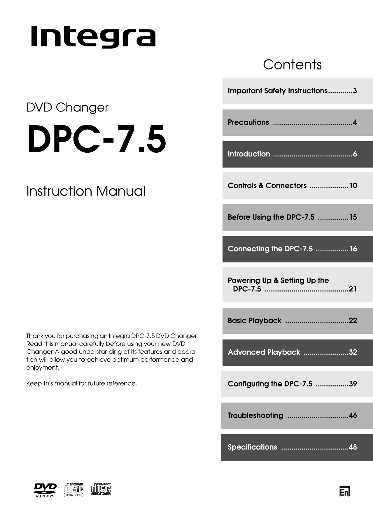 Integra DPC-7.5 DVD Changer Owner's/ User Manual (Pages: 48)