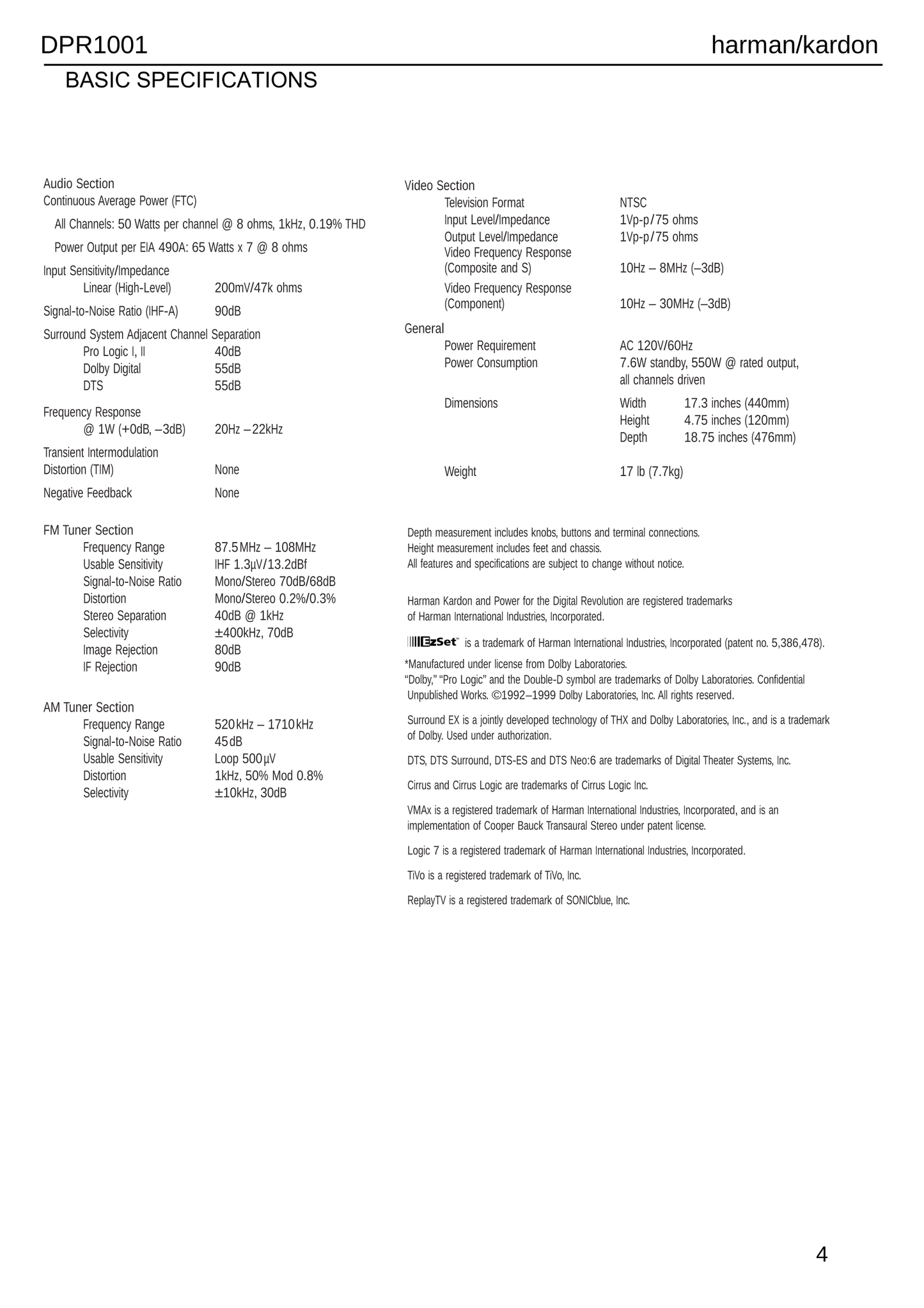 Harman/ Kardon DPR1001 AV Receiver Service Manual (Pages: 165)