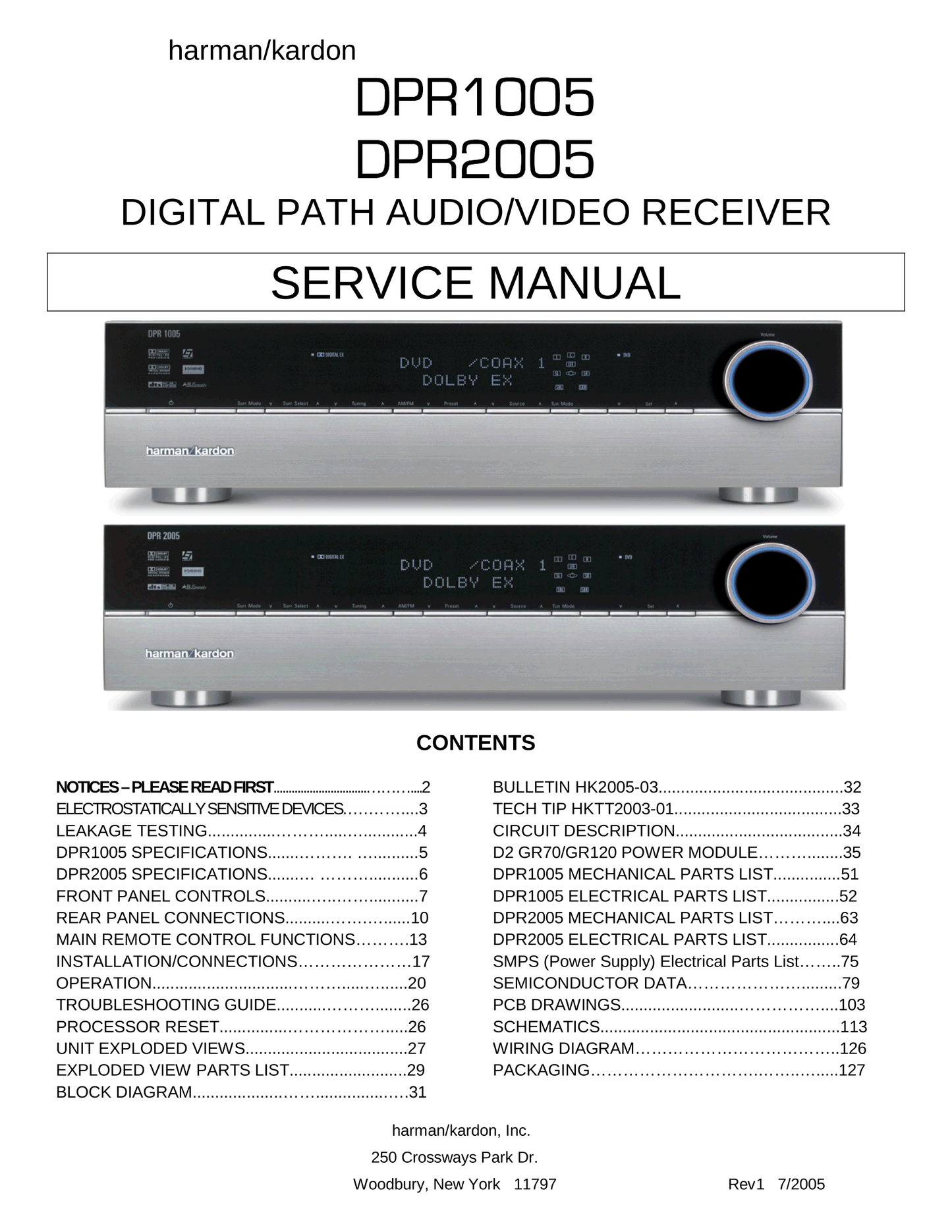 Harman/ Kardon DPR1005 & DPR2005 AV Receiver Service Manual (Pages: 127)