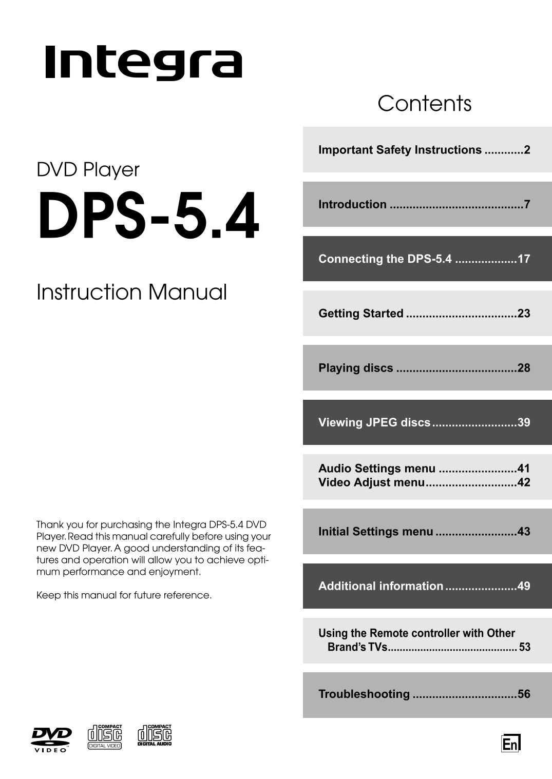 Integra DPS-5.4 DVD Player Owner's/ User Manual (Pages: 60)