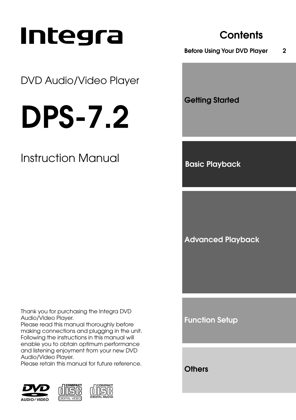 Integra DPS-7.2 DVD Audio/ Video Player Owner's/ User Manual (Pages: 68)