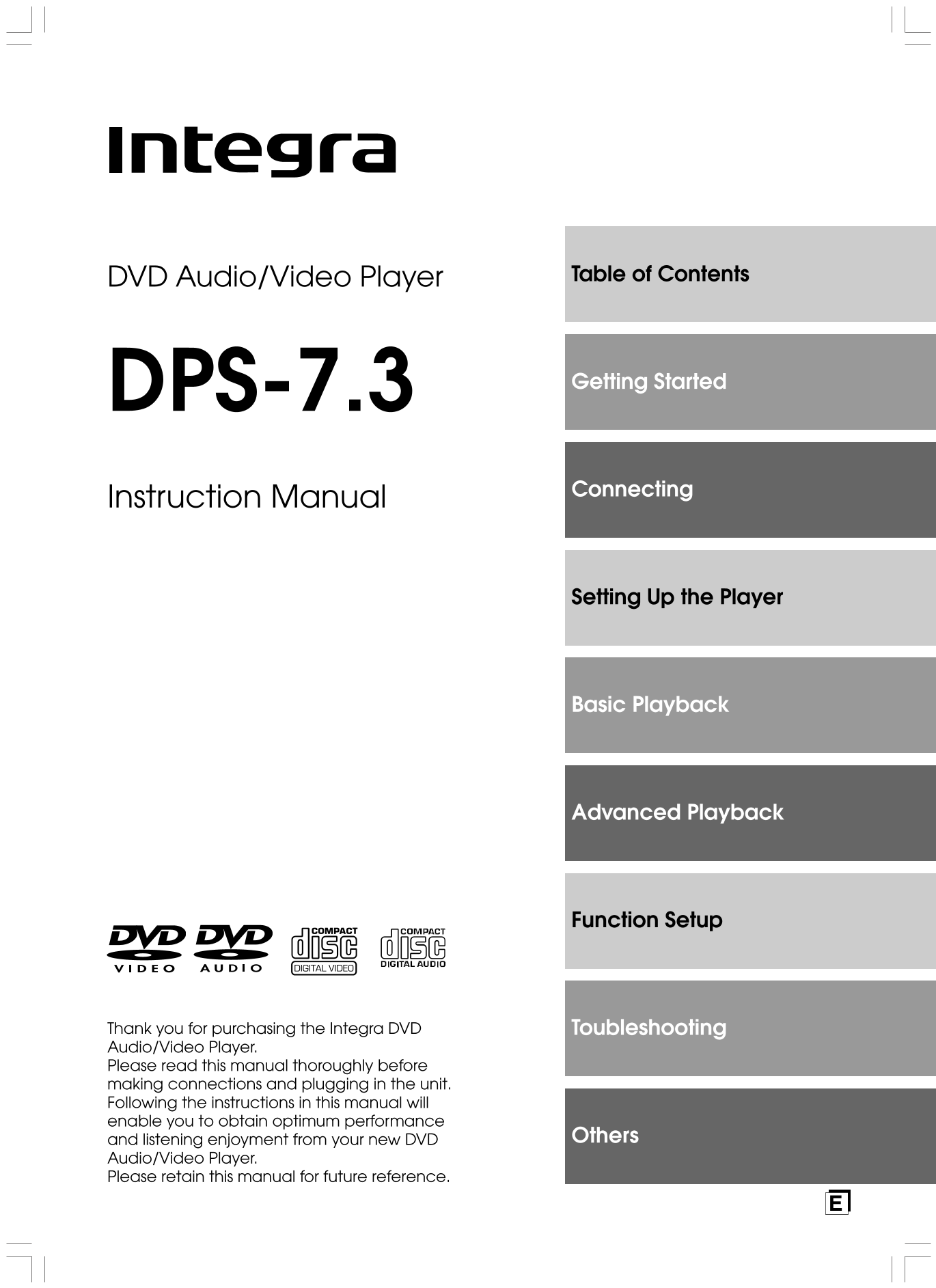 Integra DPS-7.3 DVD Audio/ Video Player Owner's/ User Manual (Pages: 64)