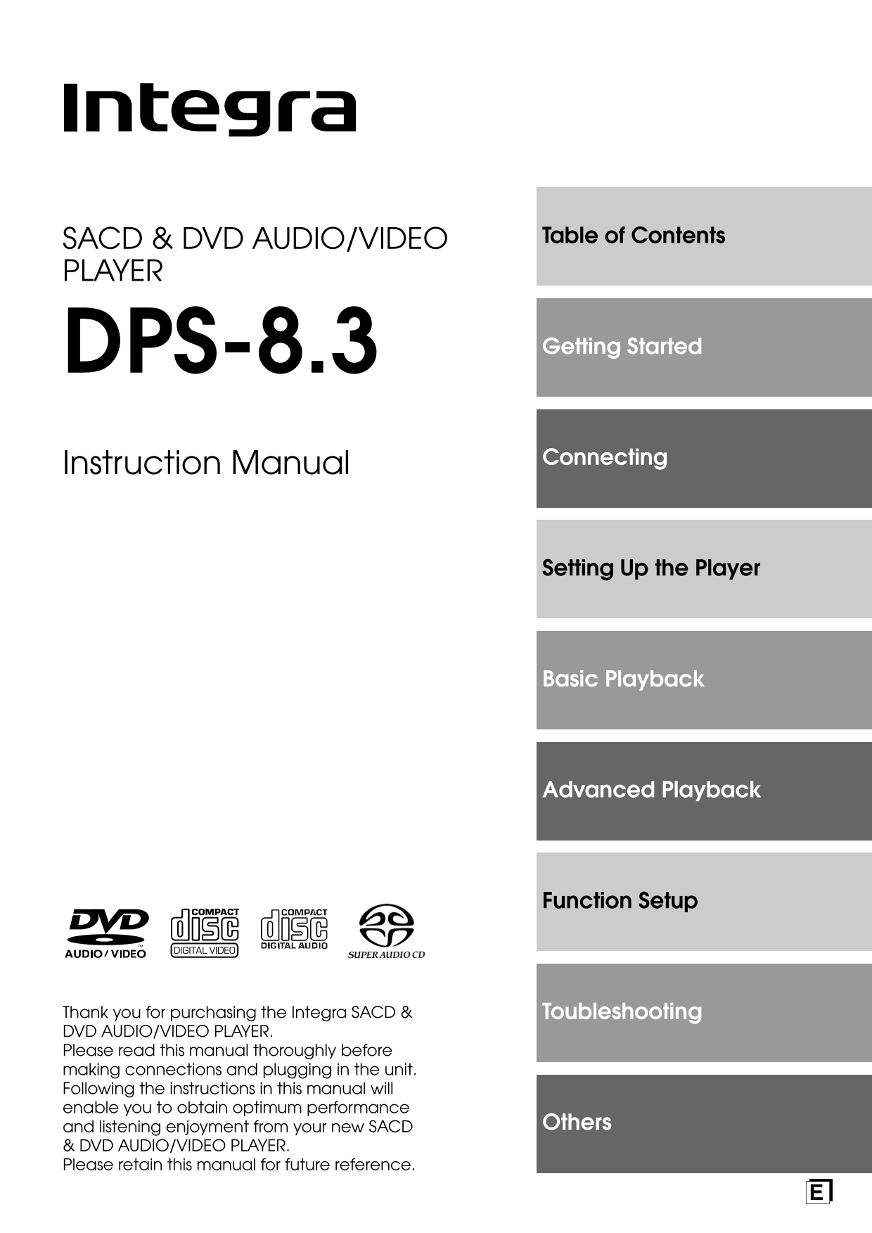 Integra DPS-8.3 DVD Audio/ Video Player Owner's/ User Manual (Pages: 76)