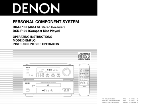 Denon DRA-F100 & DCD-F100 CD Player Receiver Owner/ User Manual (Pages: 54)