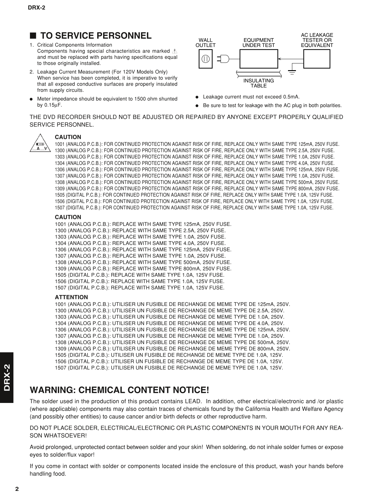 Yamaha DRX-2 DVD Recorder Service Manual (Pages: 190)