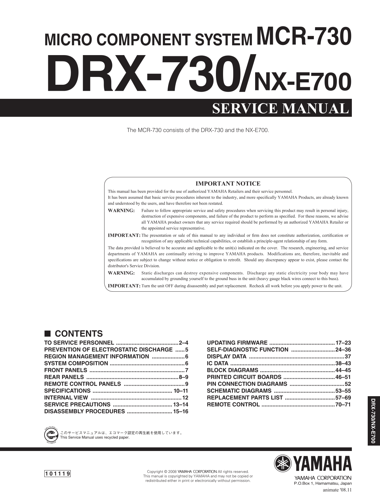 Yamaha DRX-730 & NX-E700 & MCR-730 Micro Component System Service Manual (Pages: 71)