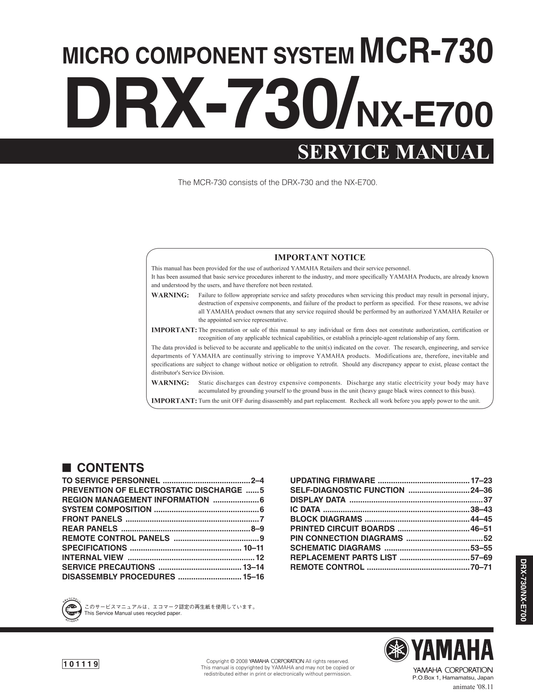 Yamaha DRX-730 & NX-E700 & MCR-730 Micro Component System Service Manual (Pages: 71)