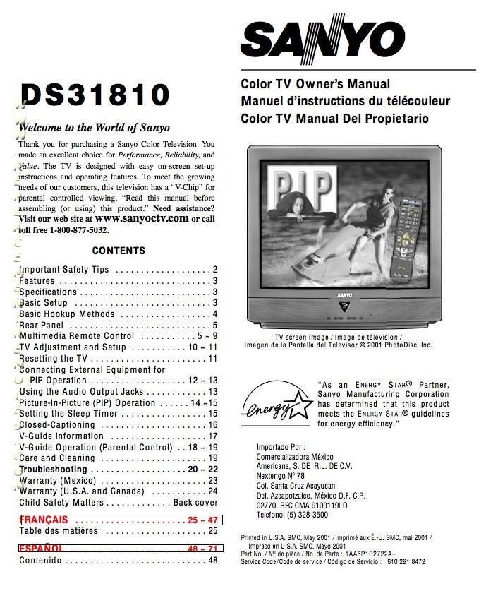 Sanyo DS31810 TV Operating Manual