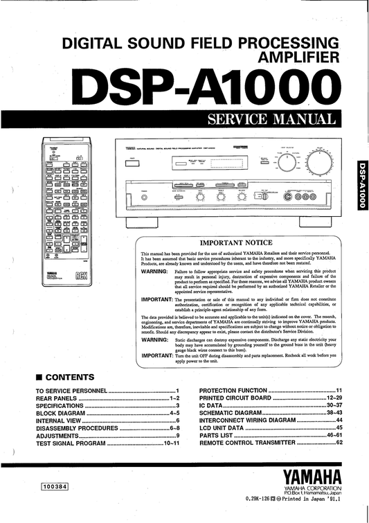 Yamaha DSP-A1000 Amplifier Service Manual (Pages: 51)