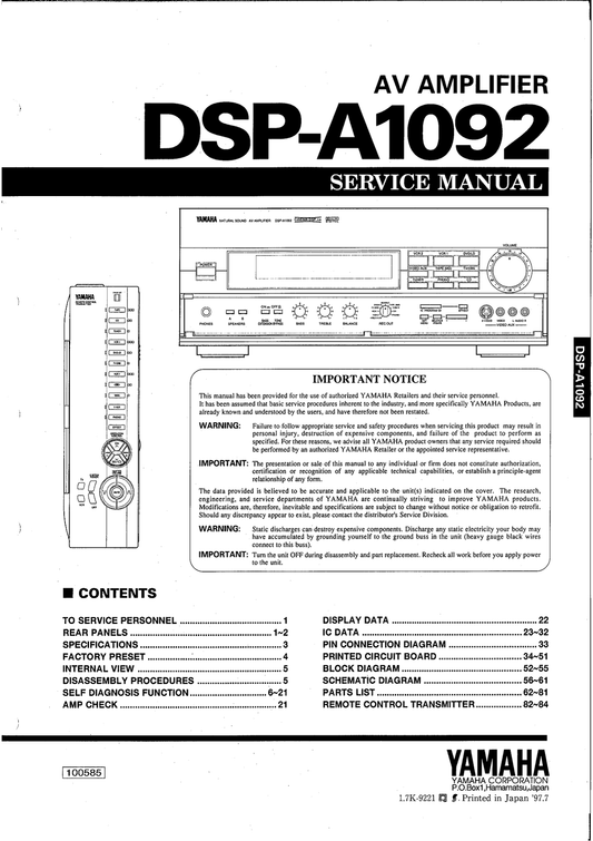 Yamaha DSP-A1092 AV Amplifier Service Manual (Pages: 68)