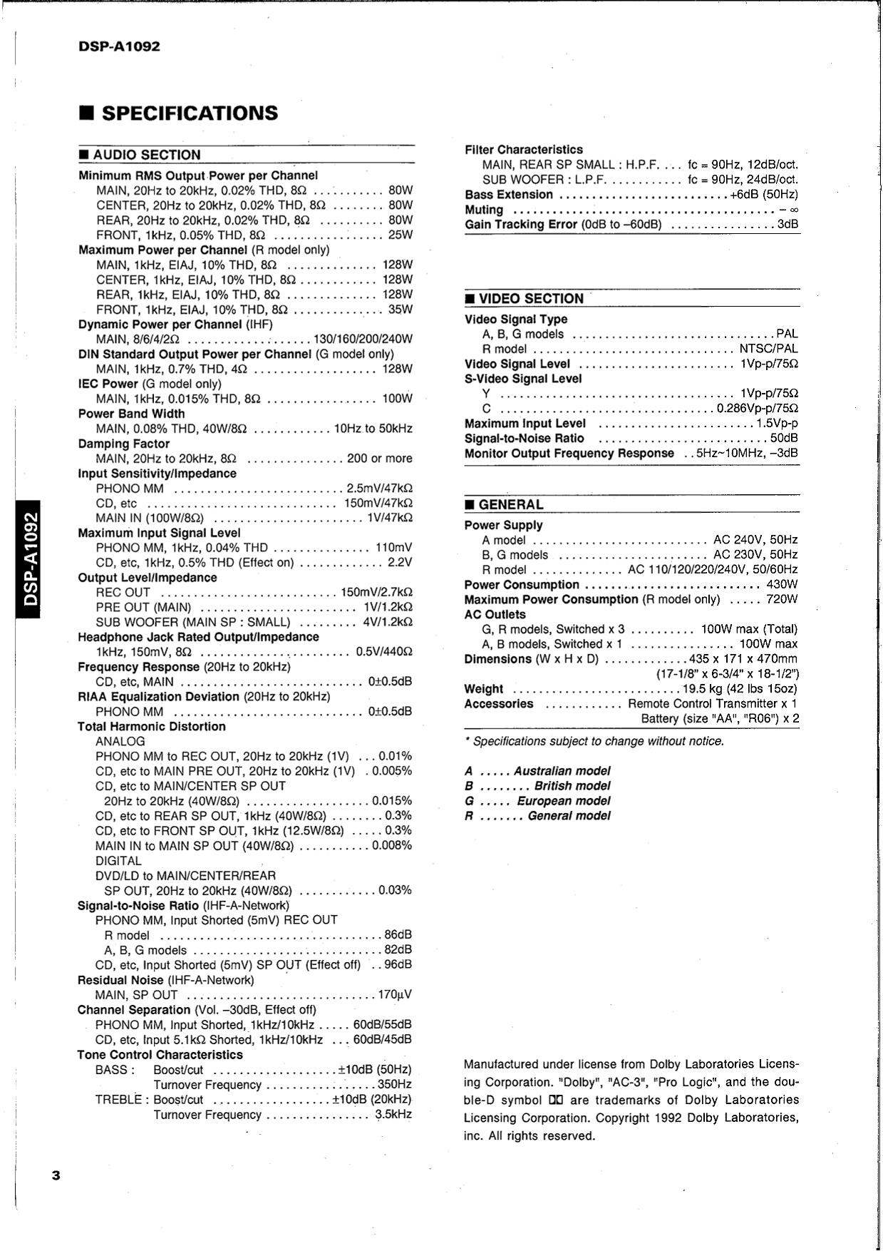 Yamaha DSP-A1092 AV Amplifier Service Manual (Pages: 68)