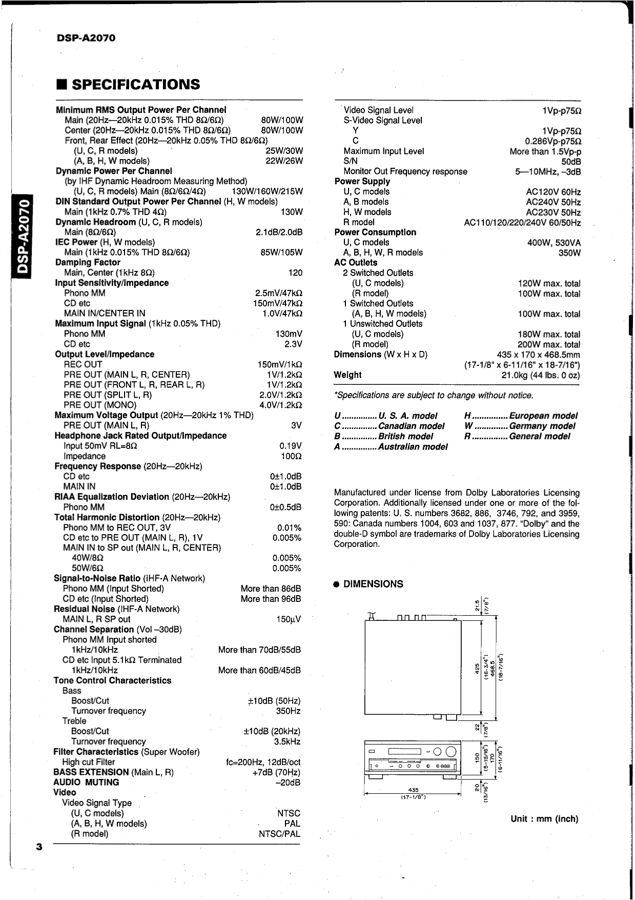 Yamaha DSP-A2070 Digital Sound Processing Amplifier Service Manual (Pages: 61)