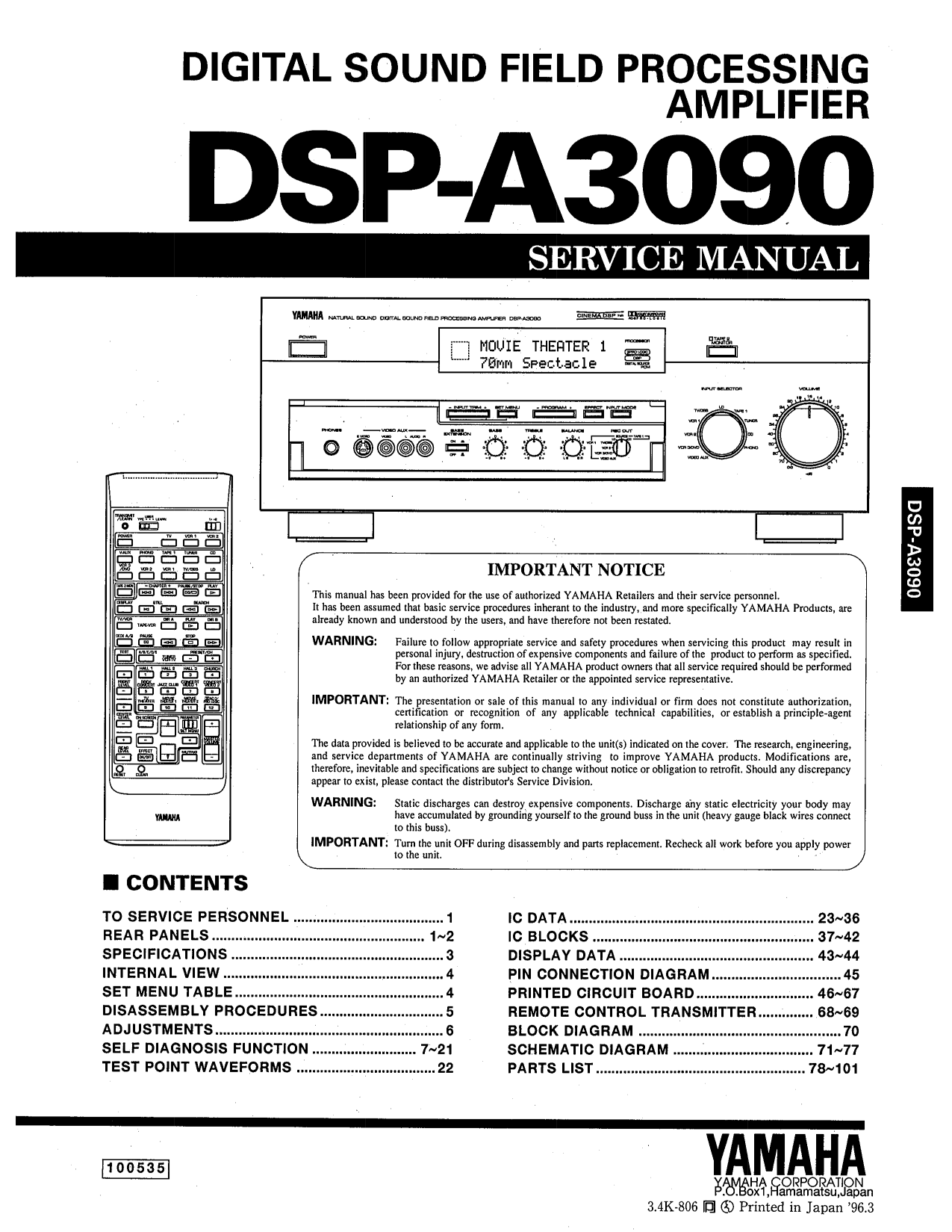 Yamaha DSP-A3090 Amplifier Service Manual (Pages: 88)