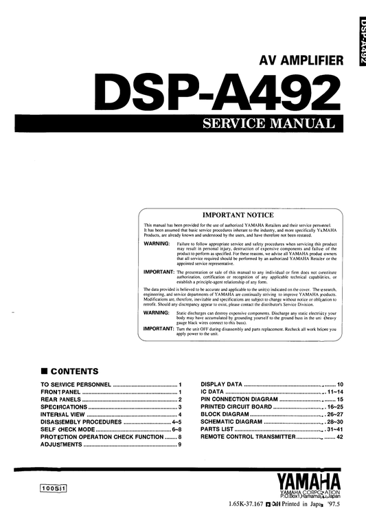 Yamaha DSP-A492 AV Amplifier Service Manual (Pages: 44)