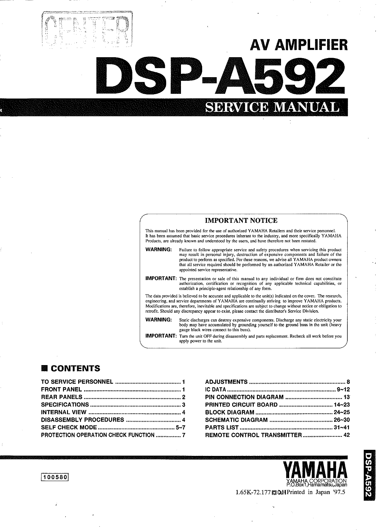 Yamaha DSP-A592 AV Amplifier Service Manual (Pages: 52)