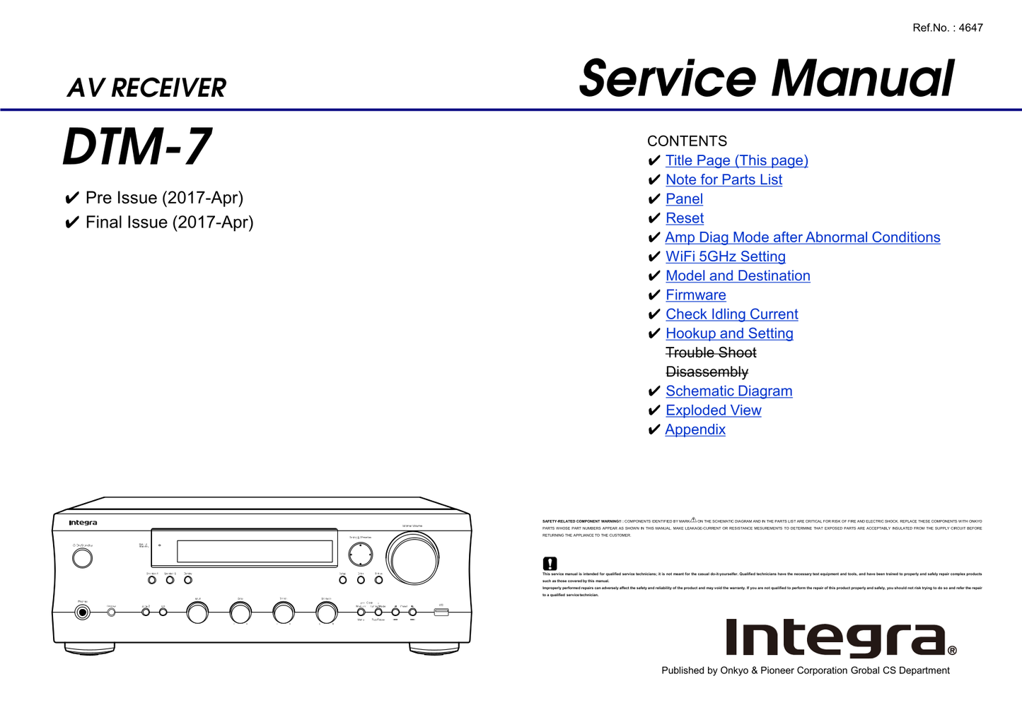 Integra DTM-7 AV Receiver Service Manual (Pages: 110)