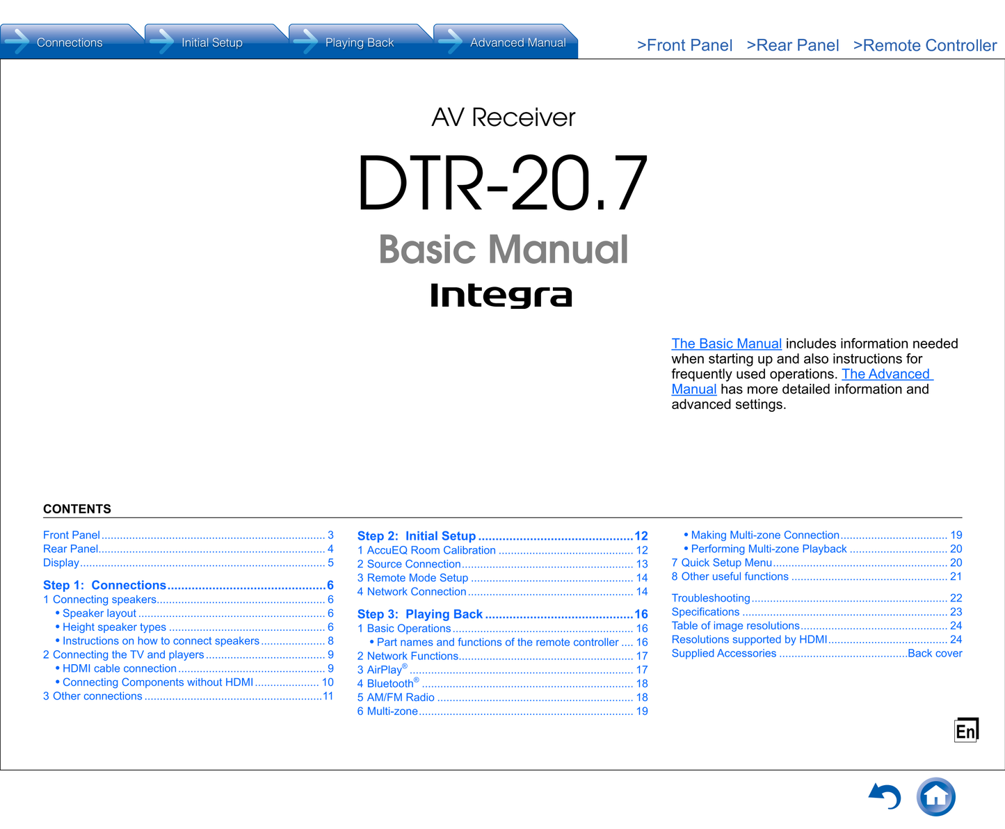 Integra DTR-20.7 AV Receiver Owner's/ User Manual (Pages: 129)