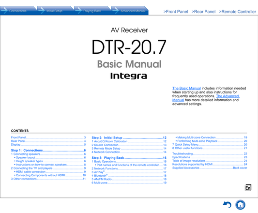 Integra DTR-20.7 AV Receiver Owner's/ User Manual (Pages: 129)