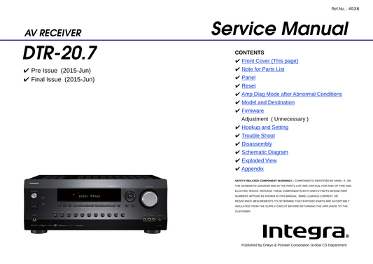 Integra DTR-20.7 AV Receiver Service Manual (Pages: 132)