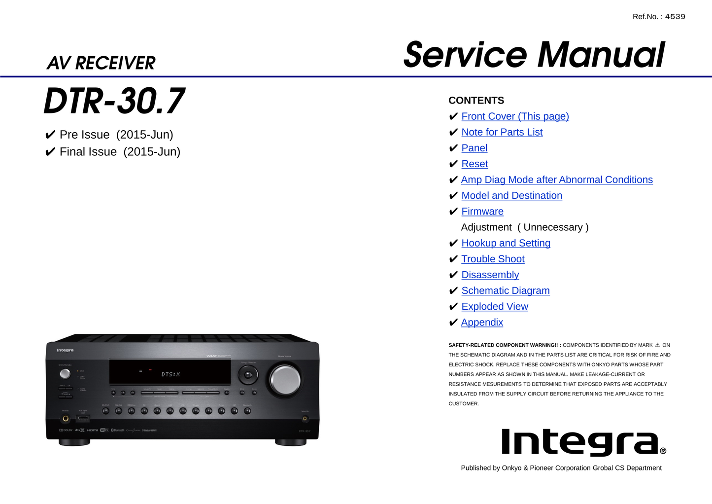 Integra DTR-30.7 AV Receiver Service Manual (Pages: 134)