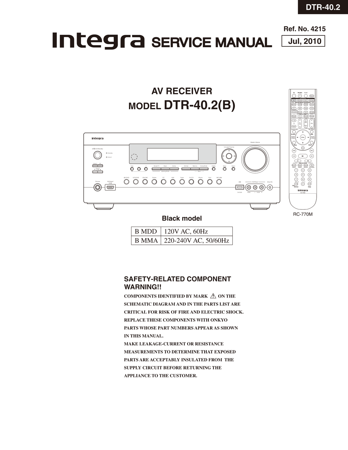 Dtr40 Integra DTR-40.2 AV Receiver Service Manual (Pages: 188) – Manuali