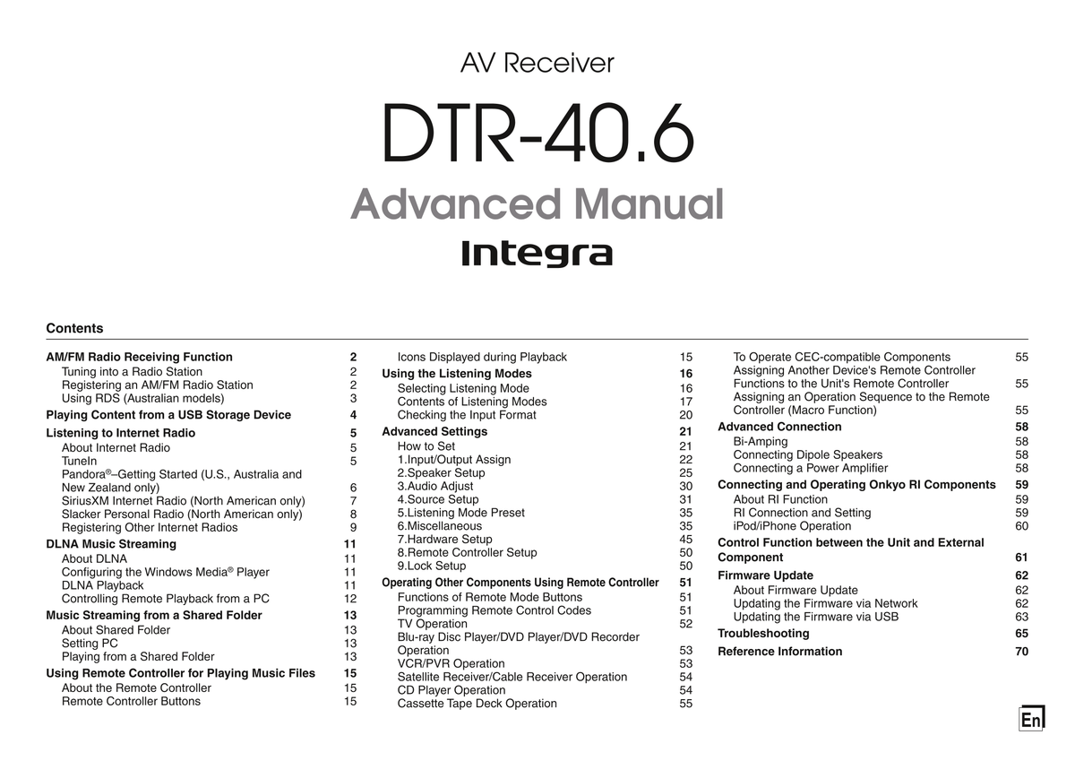 Dtr40 Integra DTR-40.6 AV Receiver Owner's/ User Manual (Pages: 102) – Manuali