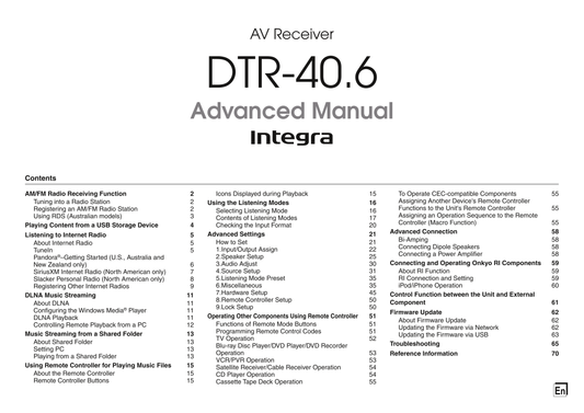 Integra DTR-40.6 AV Receiver Owner's/ User Manual (Pages: 102)