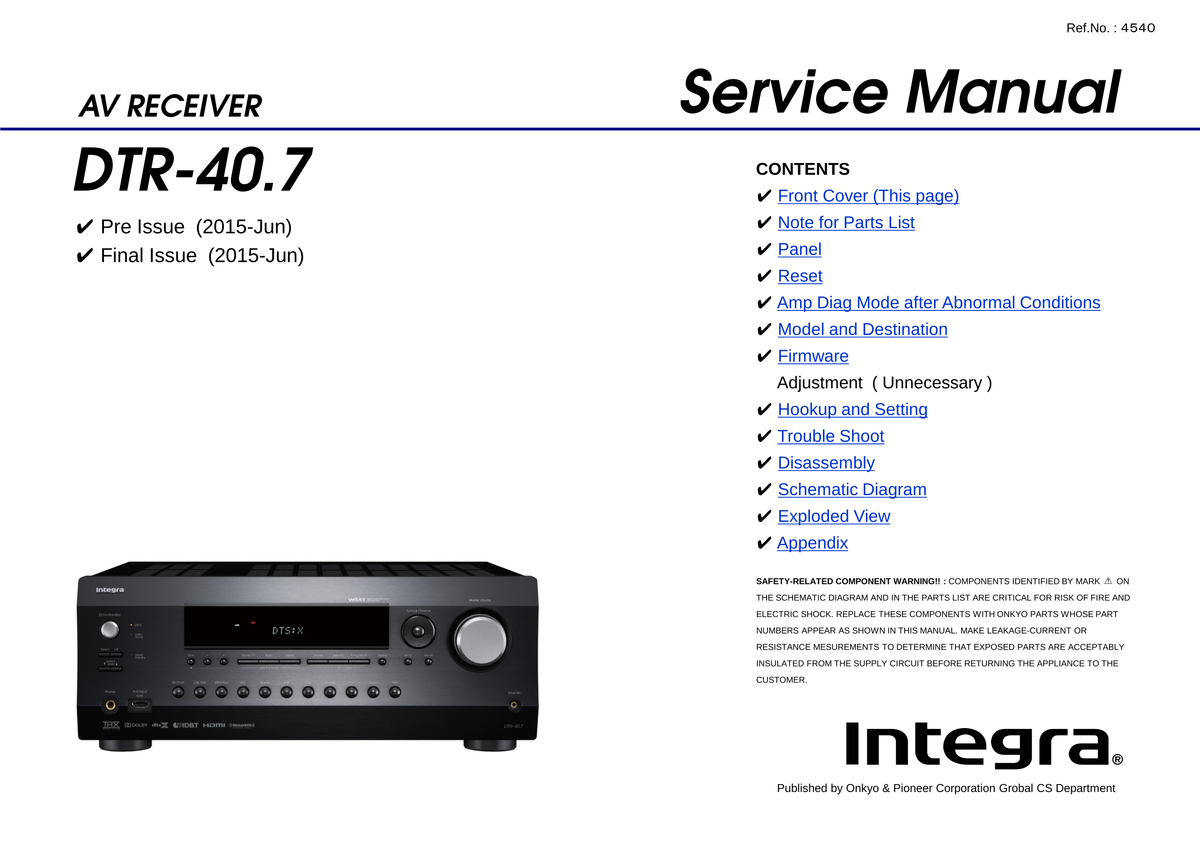 Dtr40 Integra DTR-40.7 AV Receiver Service Manual (Pages: 137) – Manuali