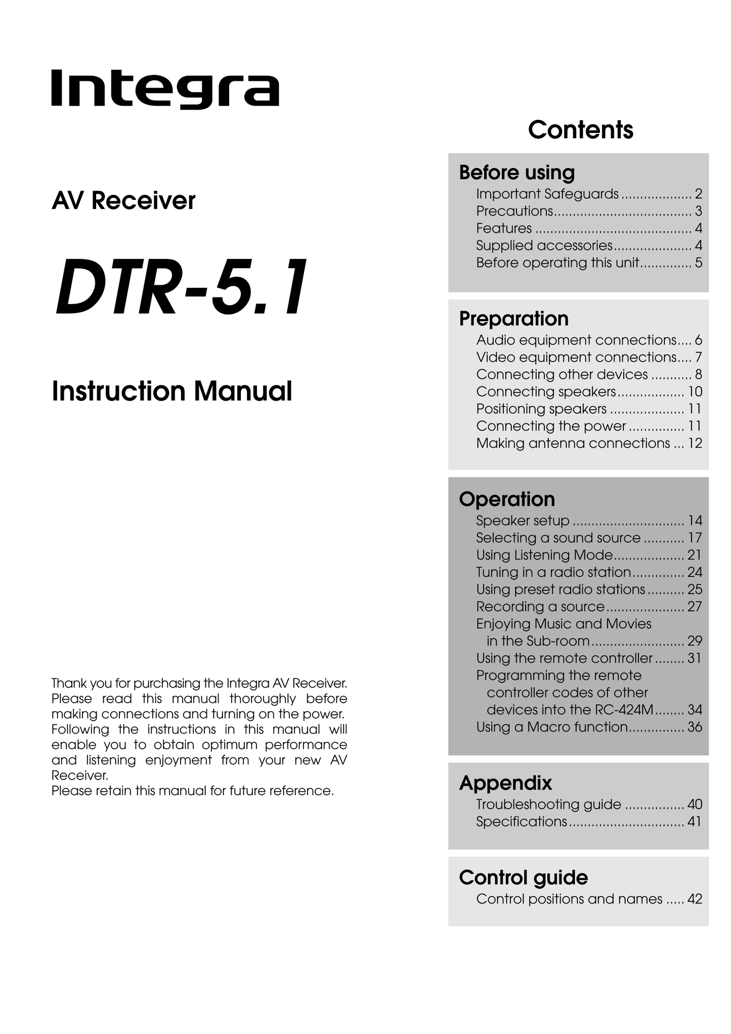 Integra DTR-5.1 AV Receiver Owner's/ User Manual (Pages: 44)