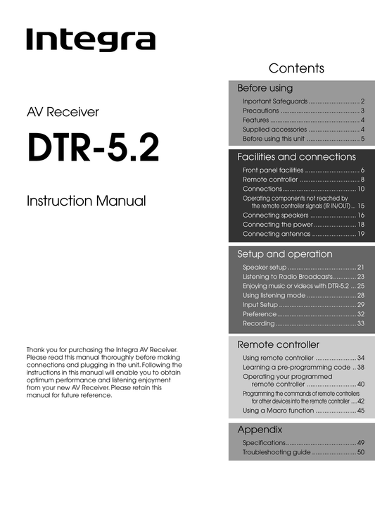 Integra DTR-5.2 AV Receiver Owner's/ User Manual (Pages: 52)