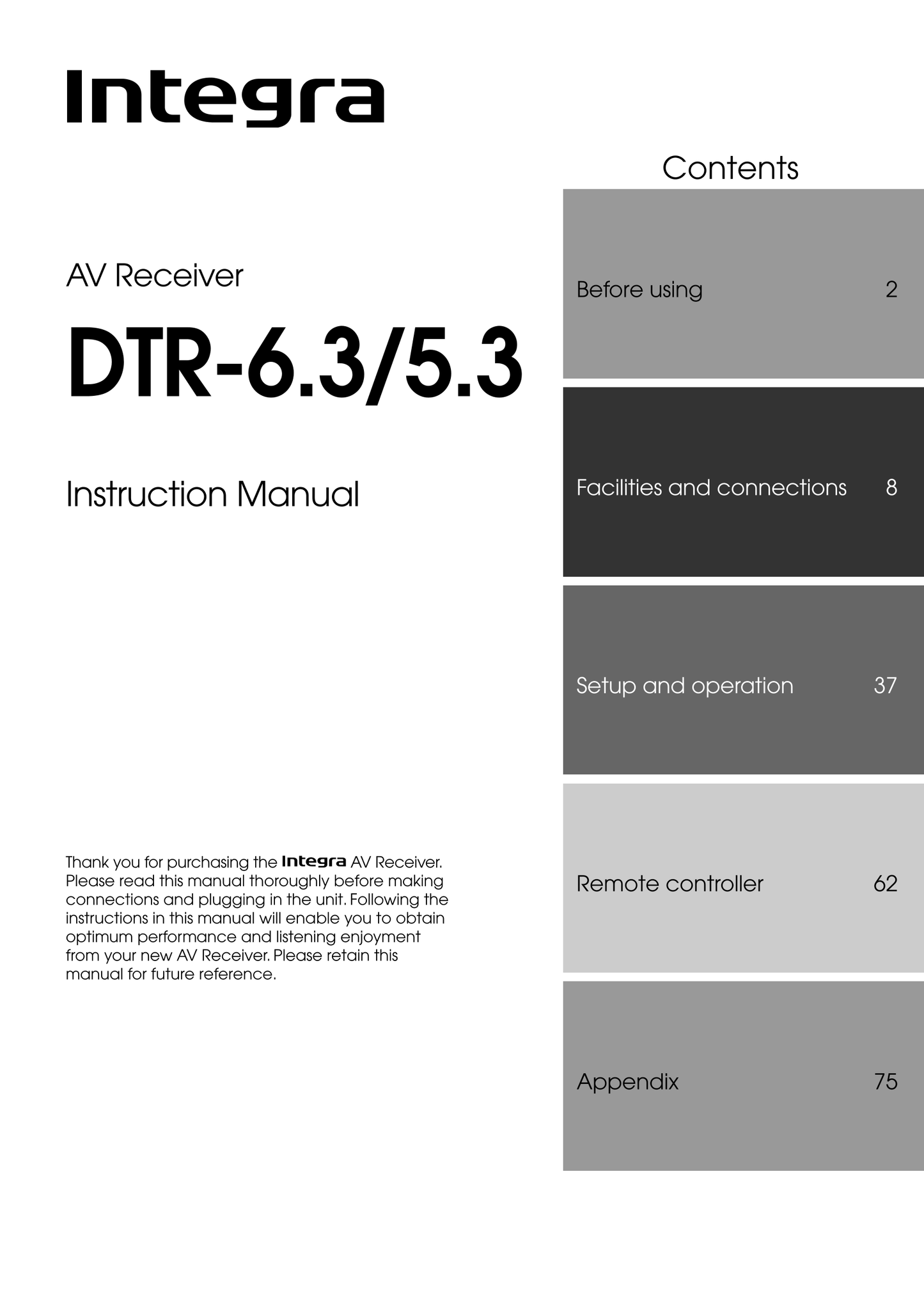 Integra DTR-5.3,DTR-6.3 AV Receiver Owner's/ User Manual (Pages: 80)