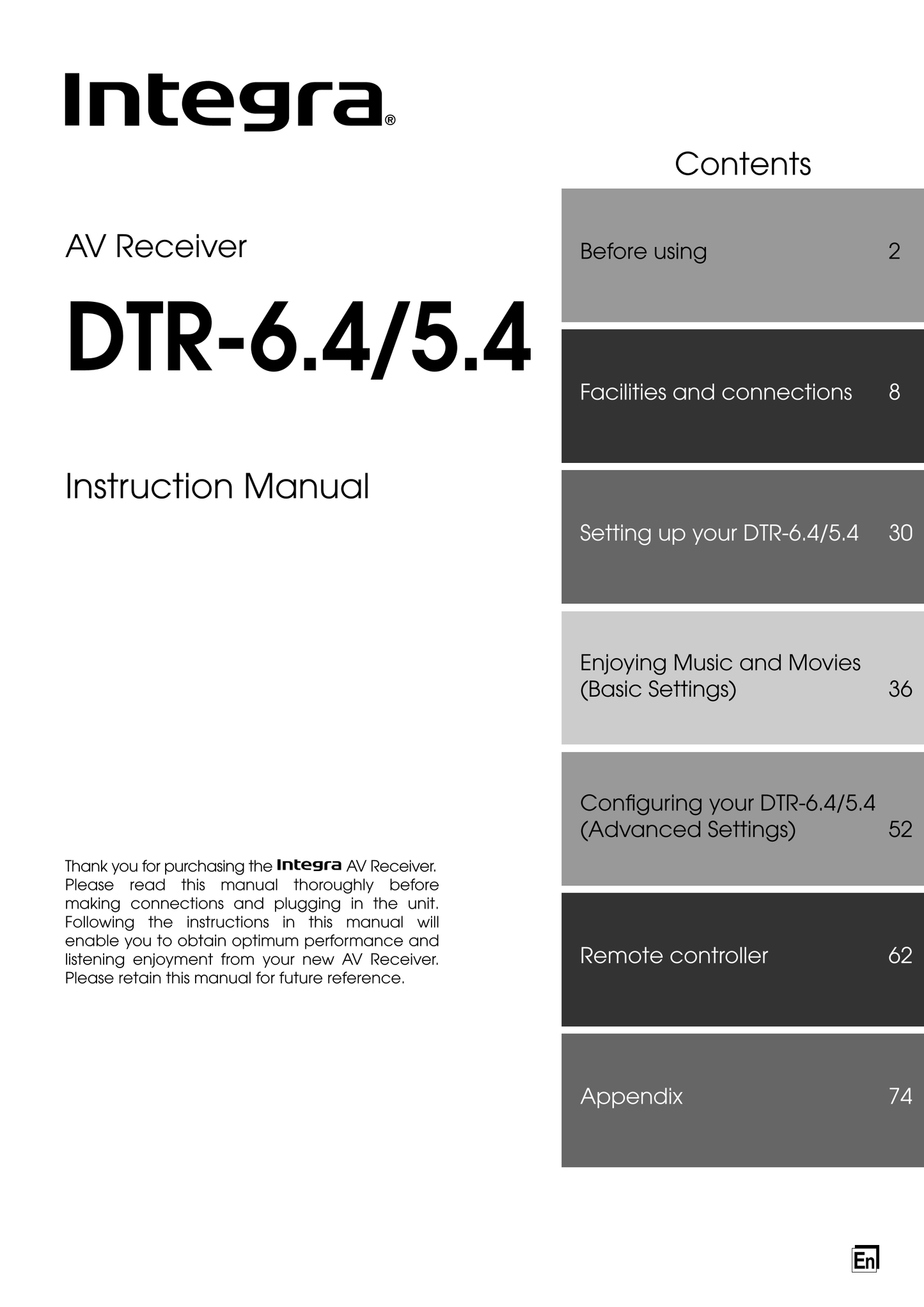 Integra DTR-5.4,DTR-6.4 AV Receiver Owner's/ User Manual (Pages: 80)