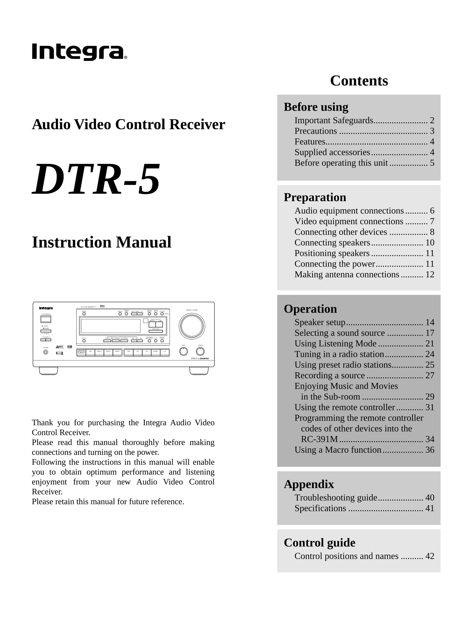 Integra DTR-5 AV Receiver Owner's/ User Manual (Pages: 44)