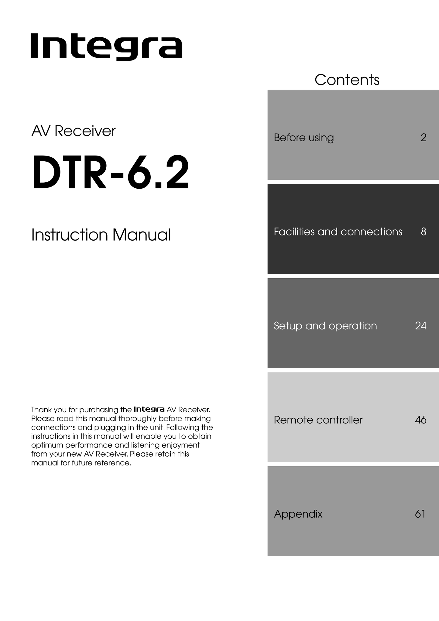 Integra DTR-6.2 AV Receiver Owner's/ User Manual (Pages: 64)