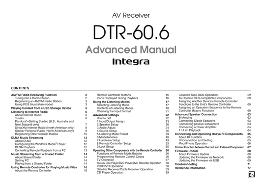 Integra DTR-60.6 AV Receiver Owner's/ User Manual (Pages: 108)