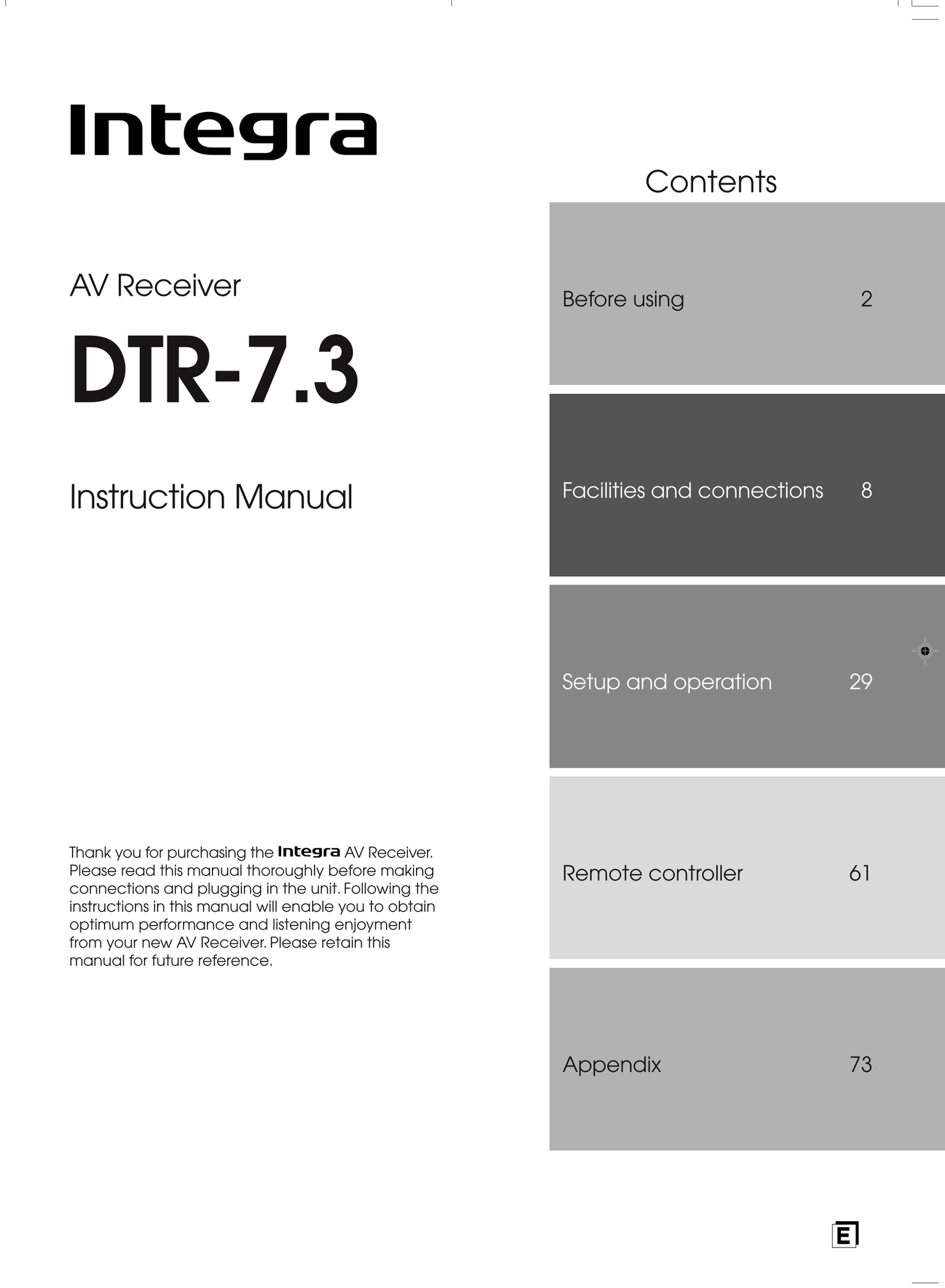 Integra DTR-7.3 AV Receiver Owner's/ User Manual (Pages: 84)