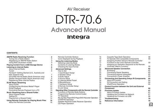 Integra DTR-70.6 AV Receiver Owner's/ User Manual (Pages: 107)