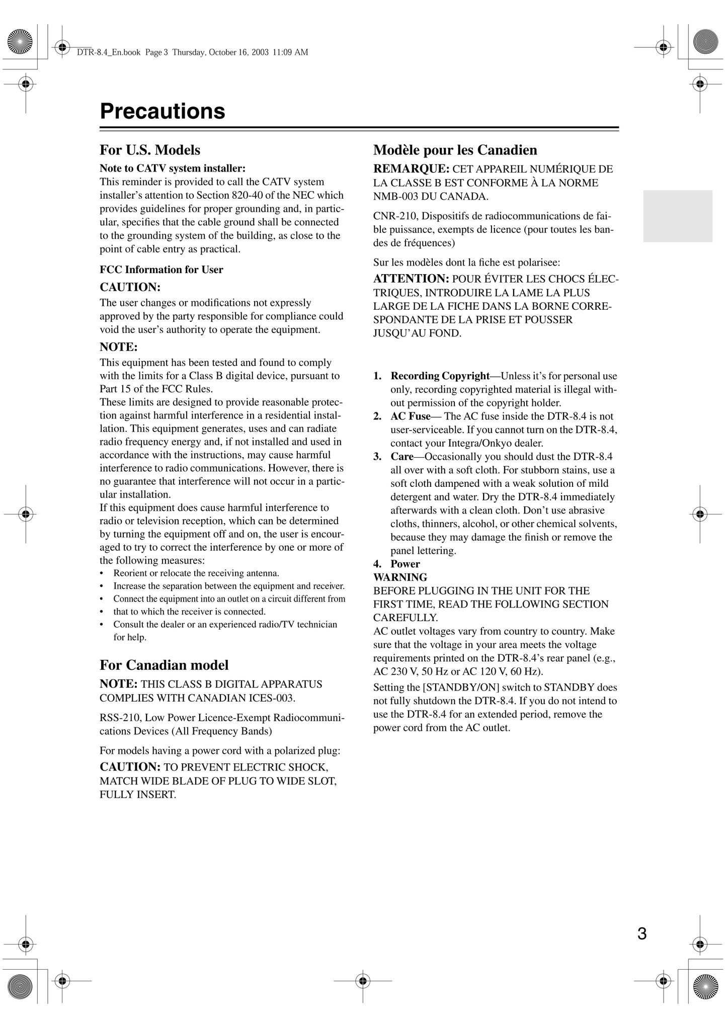 Integra DTR-8.4 AV Receiver Owner's/ User Manual (Pages: 109)